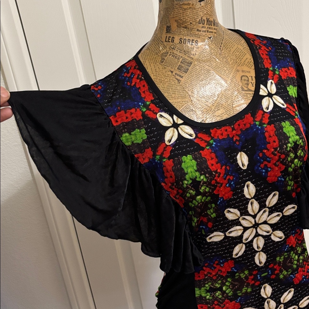 Custo Barcelona Line blouse top (3) shell abstract print ruffle sleeve Y2K boho - Picture 4 of 9